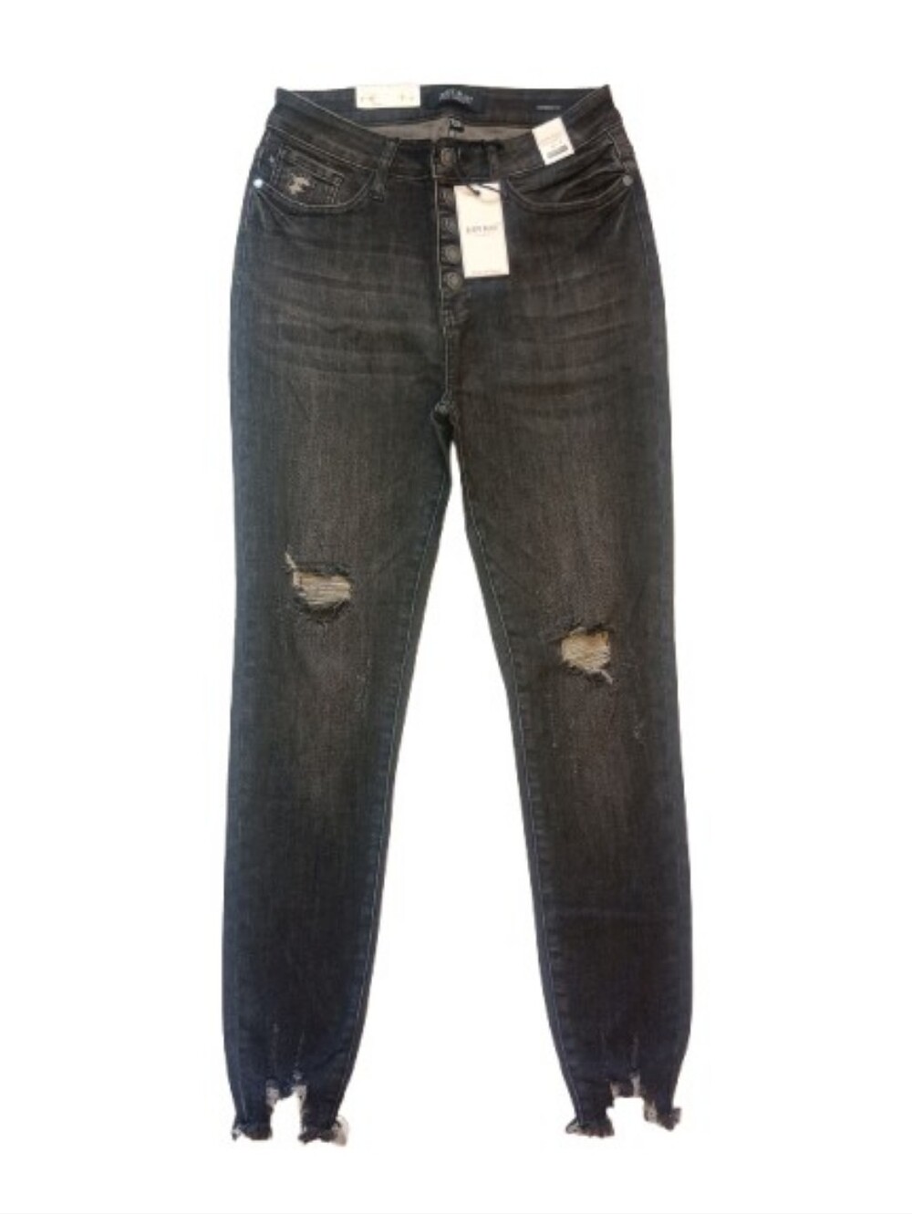 NWT Judy Blue Skinny Jeans Button Fly Distressed Chewed Hem Black Size:7/28